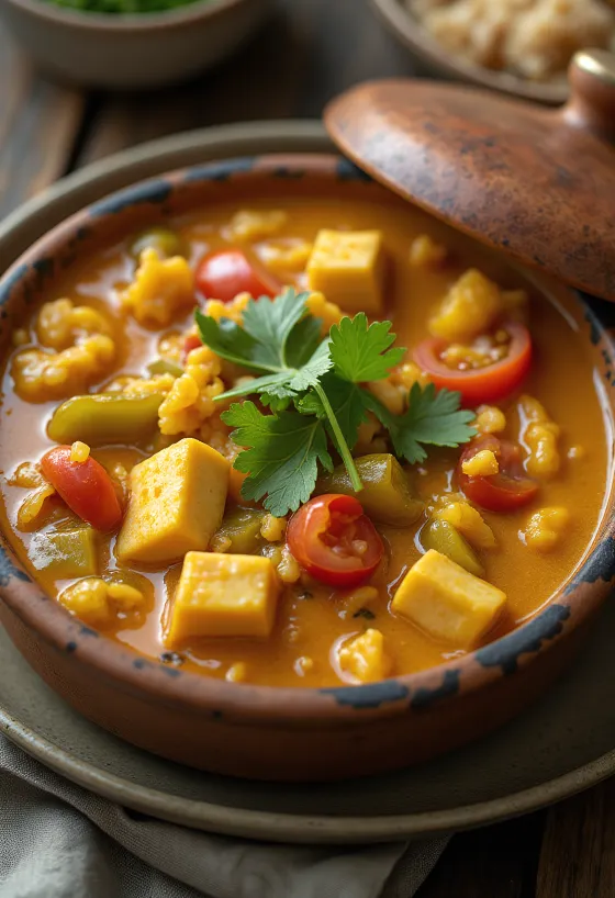 Moqueca s hnedou ryžou, tofu a čerstvým koriandrom