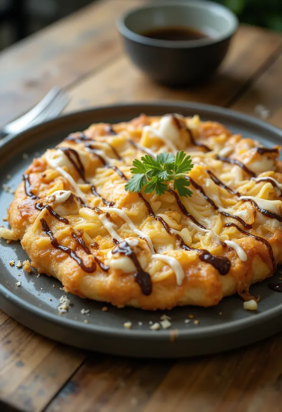 Okonomiyaki pizza s kapustou a vločkami tuniaka