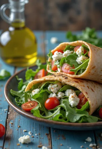 Čerstvý wrap šalát s feta syrom, rukolou, uhorkou a paradajkou