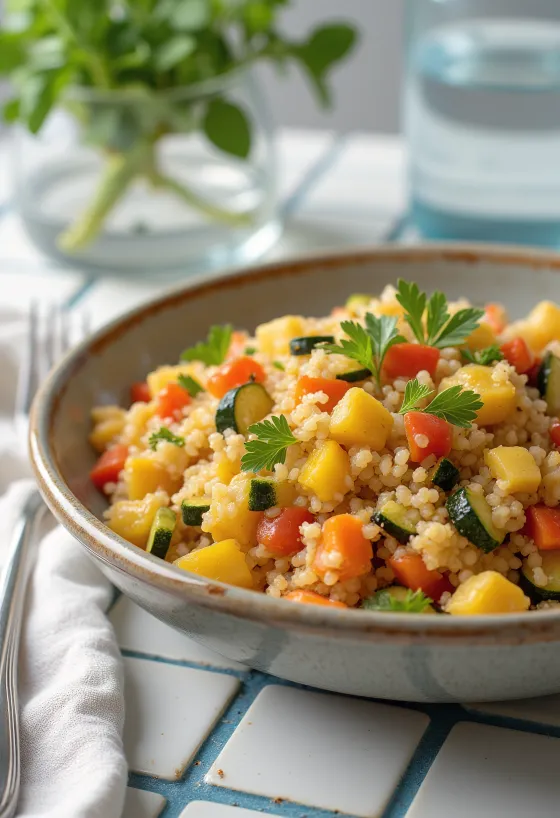 Zeleninový bulgur podávaný s kúskami čerstvej papriky, paradajok a cukety