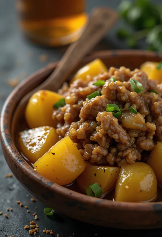Adobo so zemiakmi, korenisté mäso a chrumkavé zemiaky podávané na tanieri