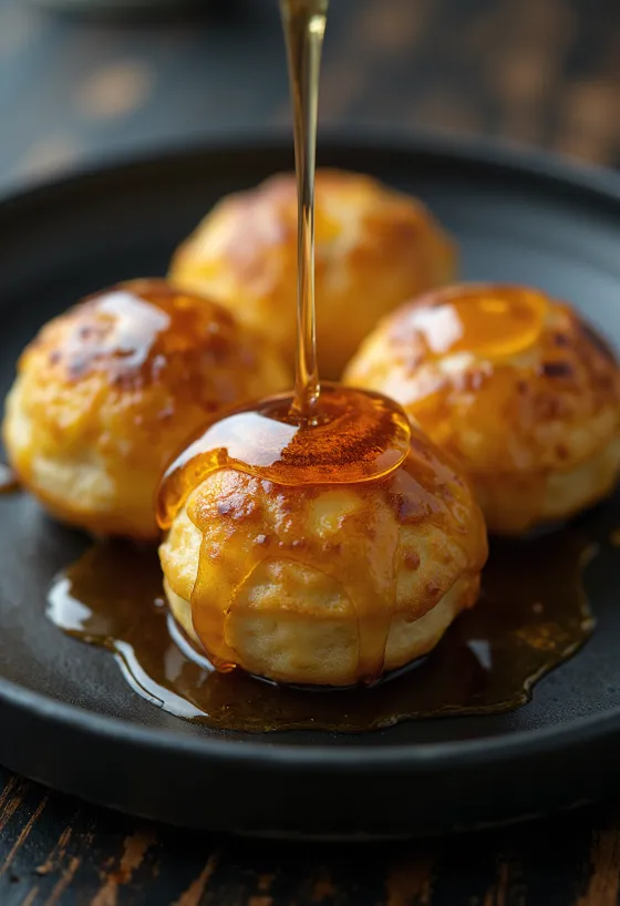 Æbleskiver s javorovým sirupom, čerstvé pečivo, zlatohnedé, podávané s javorovým sirupom