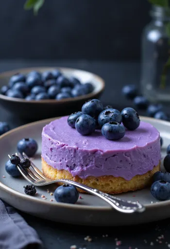 Čučoriedková mousse torta ozdobená čerstvými čučoriedkami