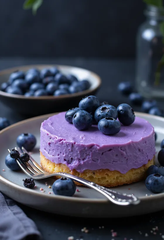 Čučoriedková mousse torta ozdobená čerstvými čučoriedkami