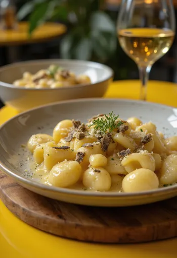 Servírované gnocchi s bielym vínom a hľuzovkou