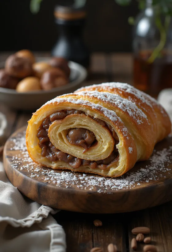 Gaštanový závin nakrájaný na plátky, ozdobený