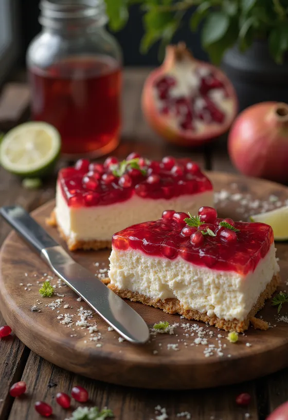 Cheesecake s granátovým jablkom a ozdobou
