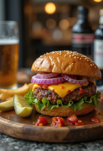 Gulášový burger servírovaný na drevenej doske