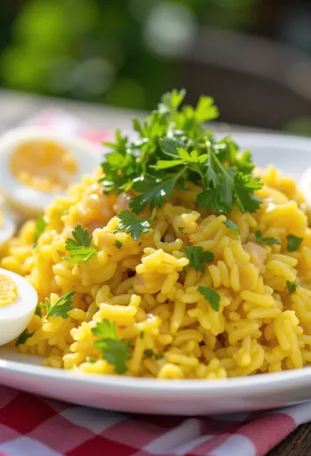 Kedgeree s koriandrom, údenou rybou a vajíčkami, lákavé jedlo