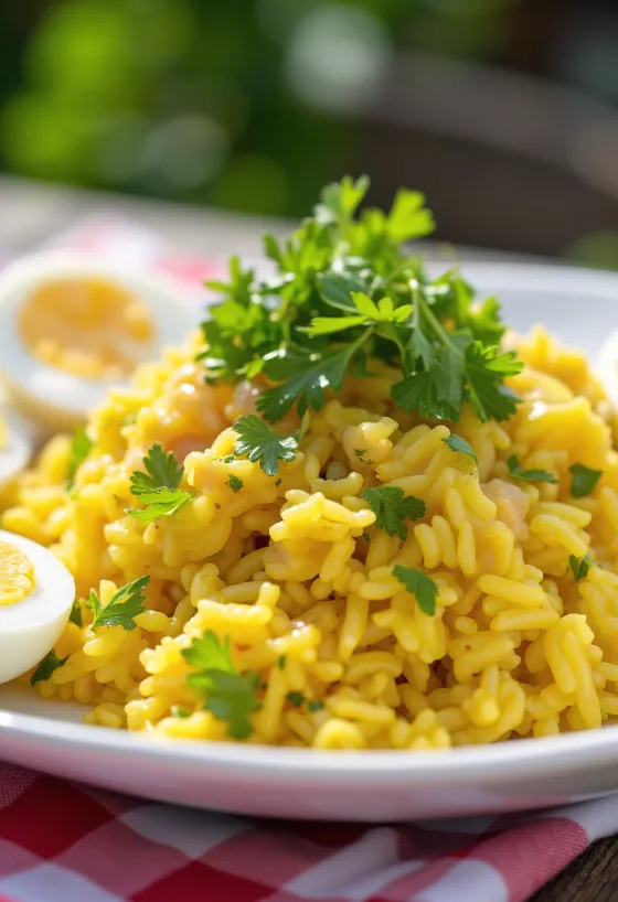 Kedgeree s koriandrom, údenou rybou a vajíčkami, lákavé jedlo