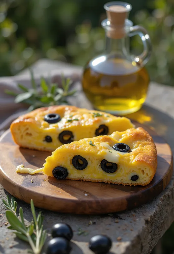 Kukuričný chlieb nakrájaný na plátky, posypaný kúskami čiernych olív, podávaný na rustikálnom tanieri