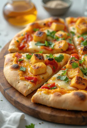 Paneer tikka pizza s jogurtovou omáčkou a zeleninou