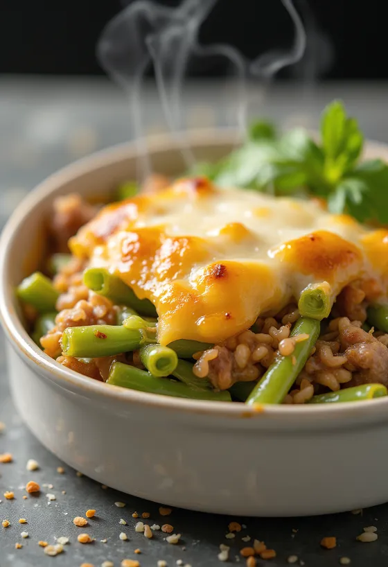 Zapekané zelené fazuľky s čerstvým smotanou a zapečeným syrom na vrchu.