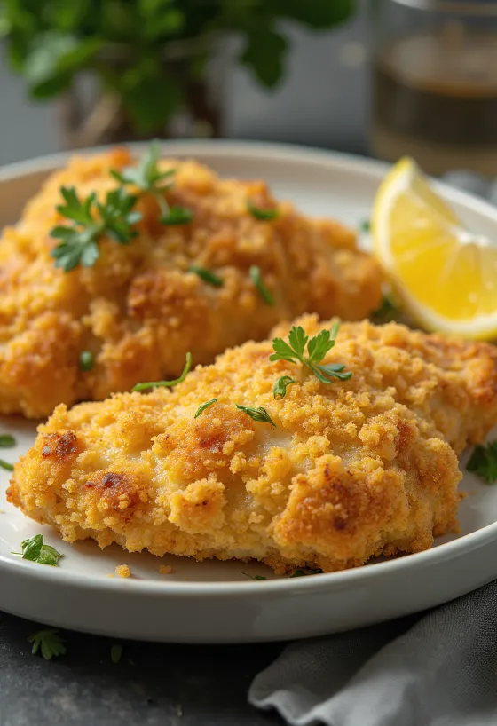 Vyprážané kuracie prsia upečené do zlatohneda, podávané so šalátom