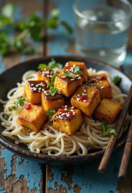 Pečené tofu s thajskou zálievkou pri servírovaní