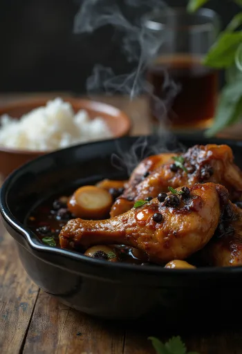 Kuracie Adobo varené v sójovej omáčke, podávané s ryžou