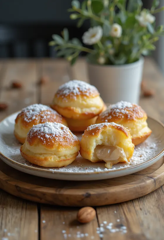 Æbleskiver s mandľovou náplňou, posypané práškovým cukrom, servírované v miske