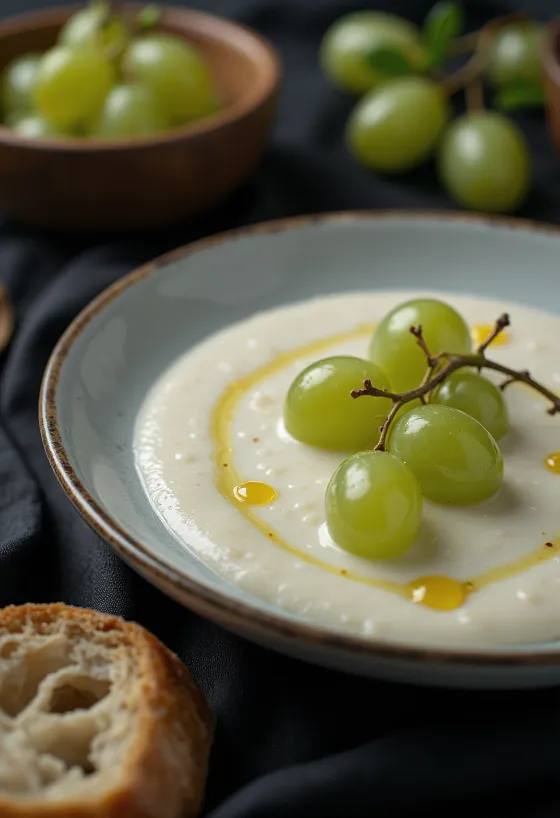 Ajo blanco s olivovým olejom, zdobené čerstvým hroznom.