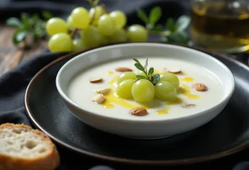 Ajo blanco s olivovým olejom, zdobené čerstvým hroznom.