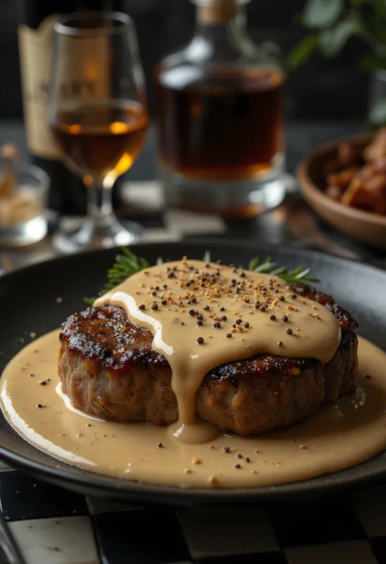 Hovädzí steak na korení podávaný so smotanovou omáčkou