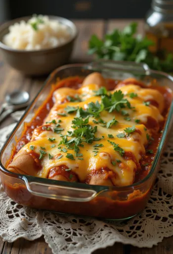 Hovädzie enchiladas so syrom a salsa omáčkou, zdobené čerstvým koriandrom
