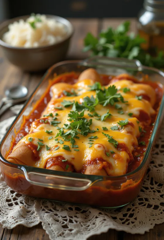 Hovädzie enchiladas so syrom a salsa omáčkou, zdobené čerstvým koriandrom