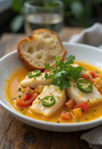Moqueca bez mlieka, varená ryba a zelenina v kokosovom mlieku, podávaná s čerstvým koriandrom
