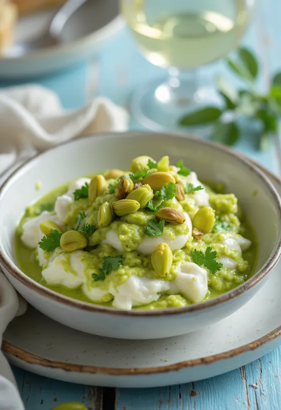 Pesto s pistáciami a ricottou podávané s cestovinami a čerstvou bazalkou