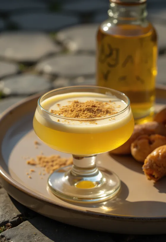 Domáci vaječný likér vo fľaši, posypaný strúhaným muškátovým orieškom.