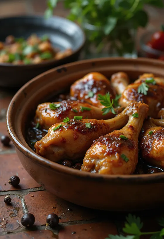 Mäsové adobo, podávané v sójovej omáčke a omáčke z bieleho vína, ozdobené čerstvými bylinkami