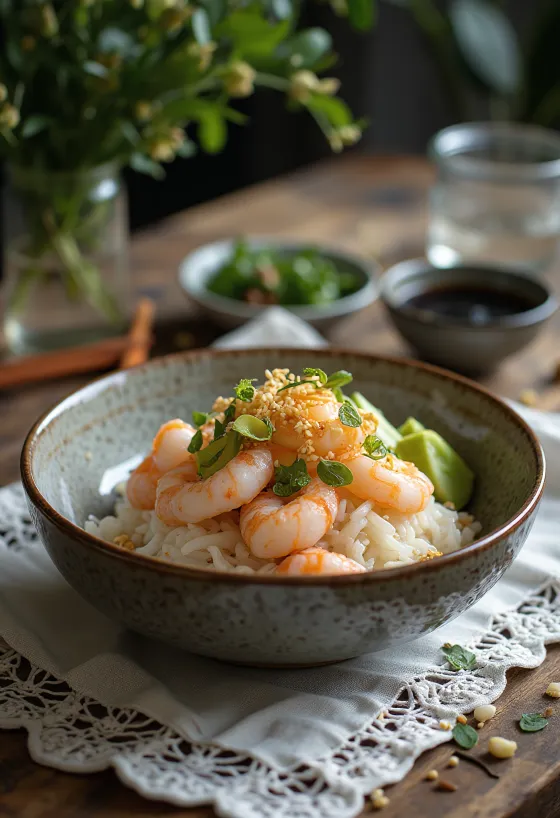 Chirashizushi s krevetami, avokádom a sezamom