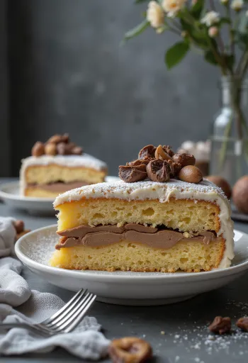 Gaštanová torta nakrájaná na rezy, ozdobená čokoládou