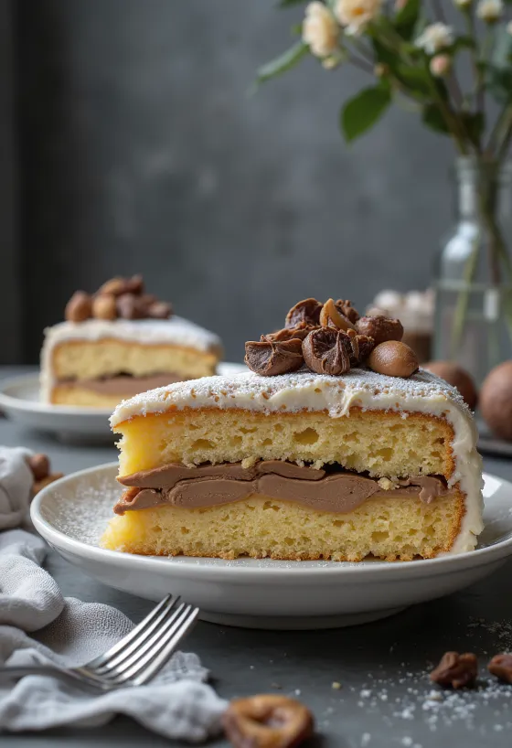 Gaštanová torta nakrájaná na rezy, ozdobená čokoládou