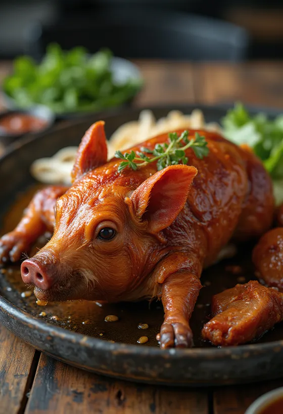Lechon, pečené prasiatko s chrumkavou kožou na servírovacom podnose