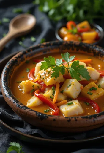 Moqueca s paradajkami, kokosovým mliekom a kúskami ryby, čerstvý koriander