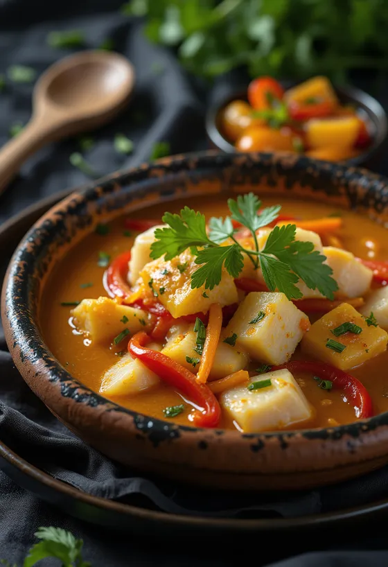 Moqueca s paradajkami, kokosovým mliekom a kúskami ryby, čerstvý koriander