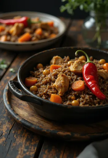 Pelau s čili papričkou, podávané s bohatou kokosovou ryžou a čerstvou zeleninou