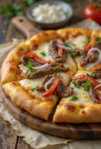 Philly cheesesteak pizza s plátkami steaku a paprikou