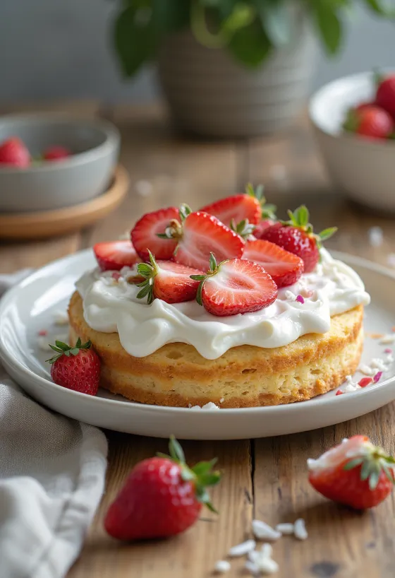 Vegánska jahodová torta pripravená na servírovanie
