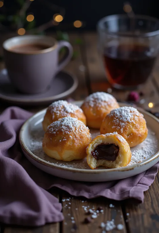 Čerstvo upečené æbleskiver podávané s čokoládovým krémom a práškovým cukrom