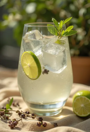 Gin Tonic ozdobený plátkami limetky a kockami ľadu