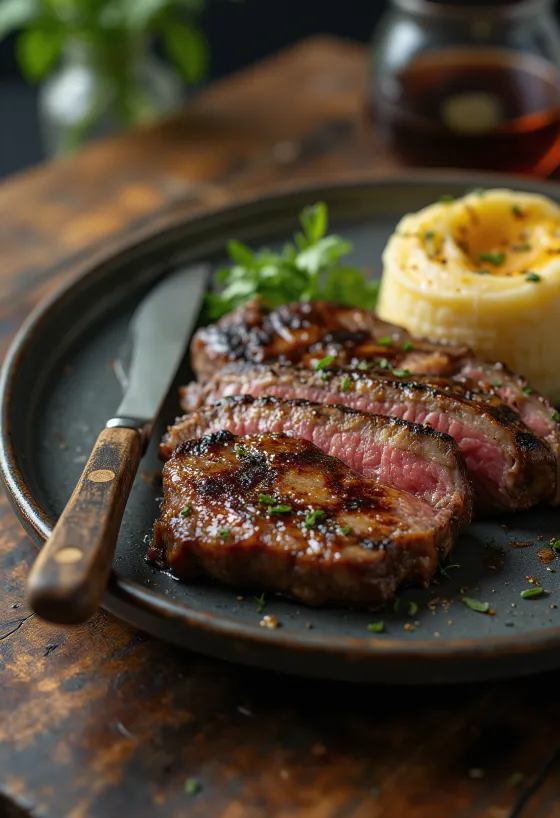 Grilovaný hovädzí steak so zemiakovou kašou