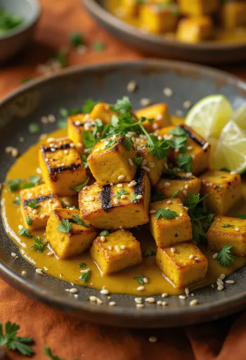 Grilované tofu s kari tahini omáčkou