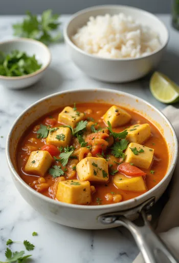 Vegánska Moqueca podávaná s tofu, čerstvou zeleninou a koriandrom