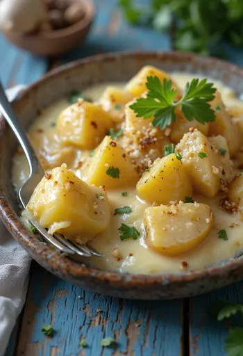 Papas chorreadas s kokosovým mliekom, podávané s krémovými zemiakmi a čerstvým koriandrom