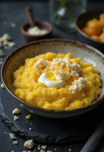 Čerstvo uvarená krémová polenta s maslom a syrom, podávaná na drevenom podnose.
