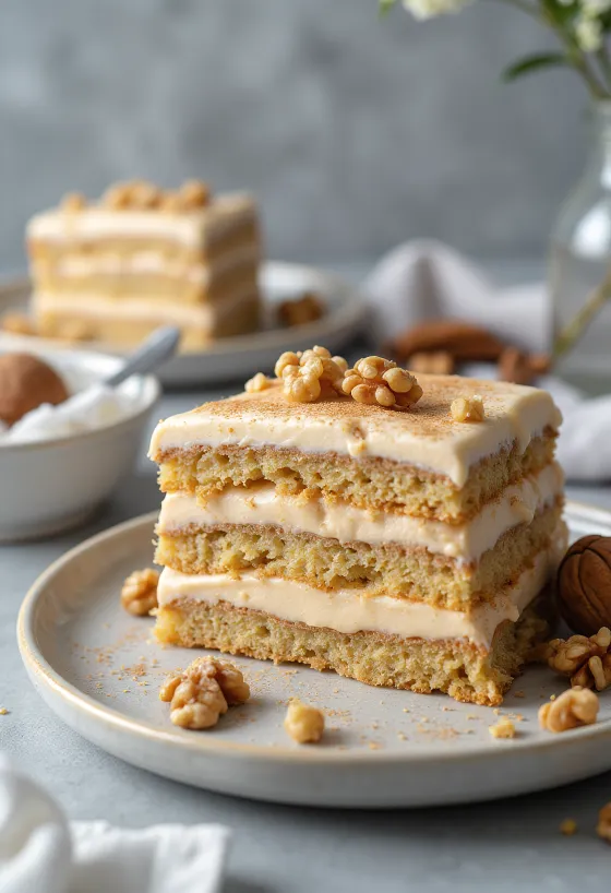 Škoricová torta s orechovým krémom pri servírovaní