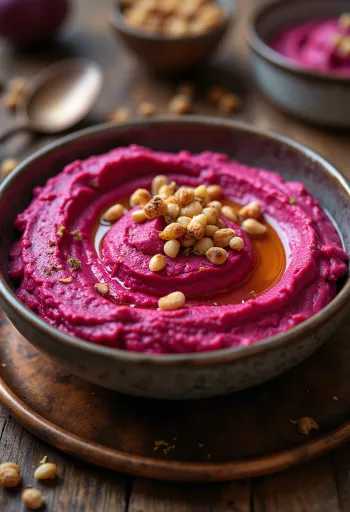 Cviklový hummus zdobený čerstvou petržlenovou vňaťou