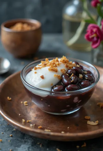 Chè s čiernou fazuľou, podávané s kokosovým mliekom a ľadom