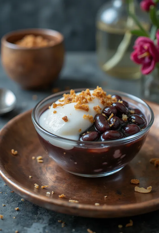 Chè s čiernou fazuľou, podávané s kokosovým mliekom a ľadom